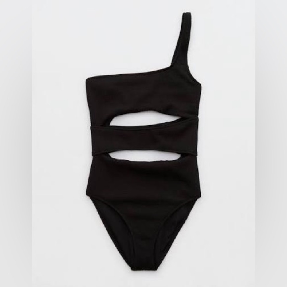 Aerie Black Textured One Piece Swimsuit